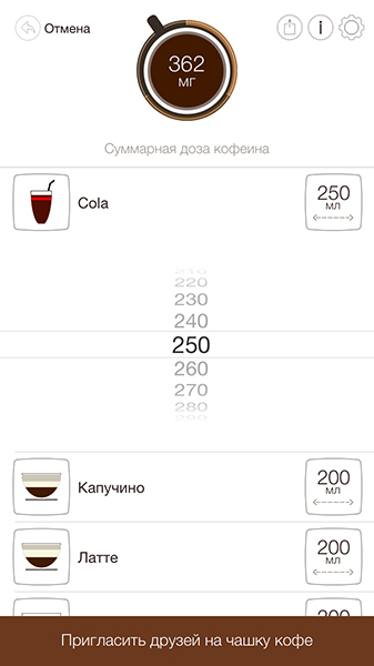 Пригласить друзей на кофе с помощью приложения Caffeine Calculator